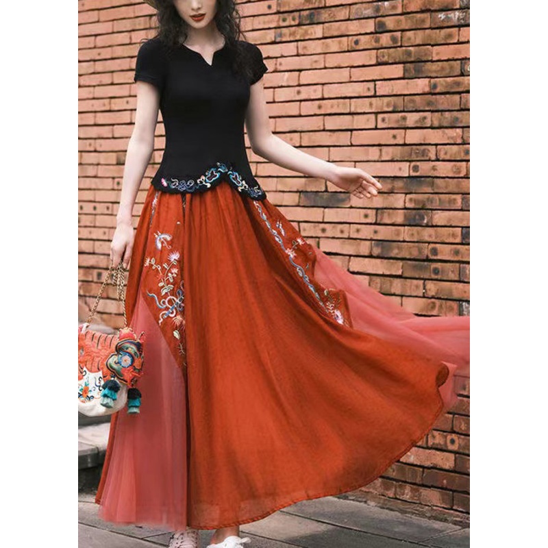 Original Orange Embroideried Patchwork Elastic Waist Tulle Skirts Summer