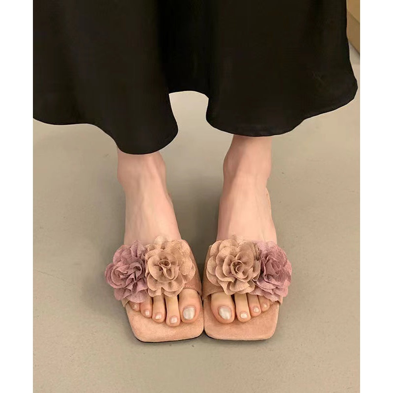 Pink Fashion Floral Splicing Slide Sandals Peep Toe