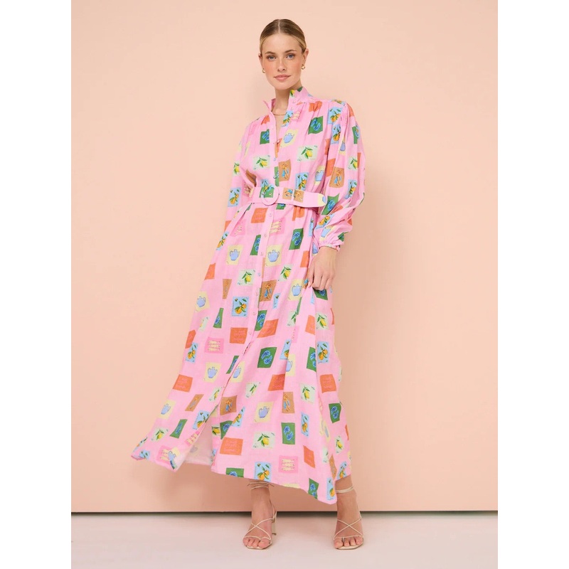 Pink Long Cardigan Casual Fashion Printed Shirt Lantern Sleeve