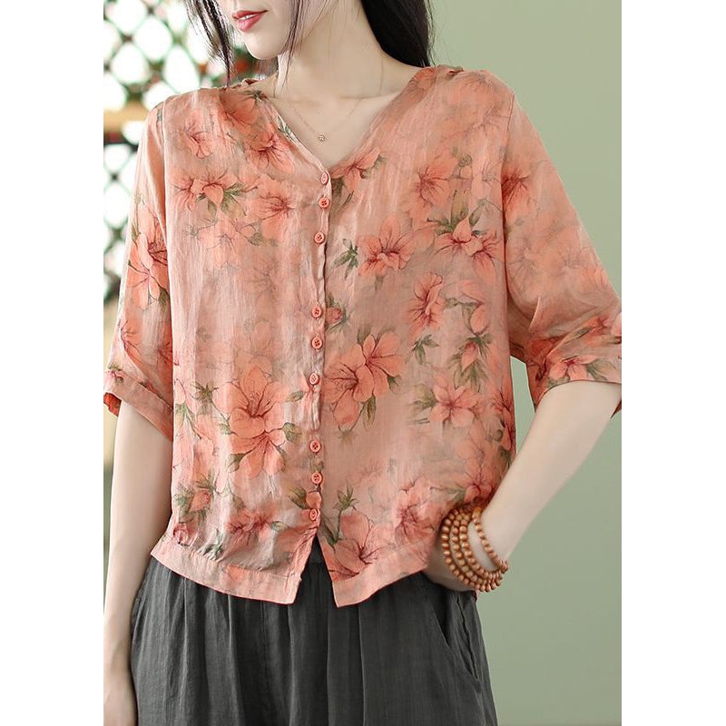 Pink Print Thin Cotton Shirt V Neck Summer