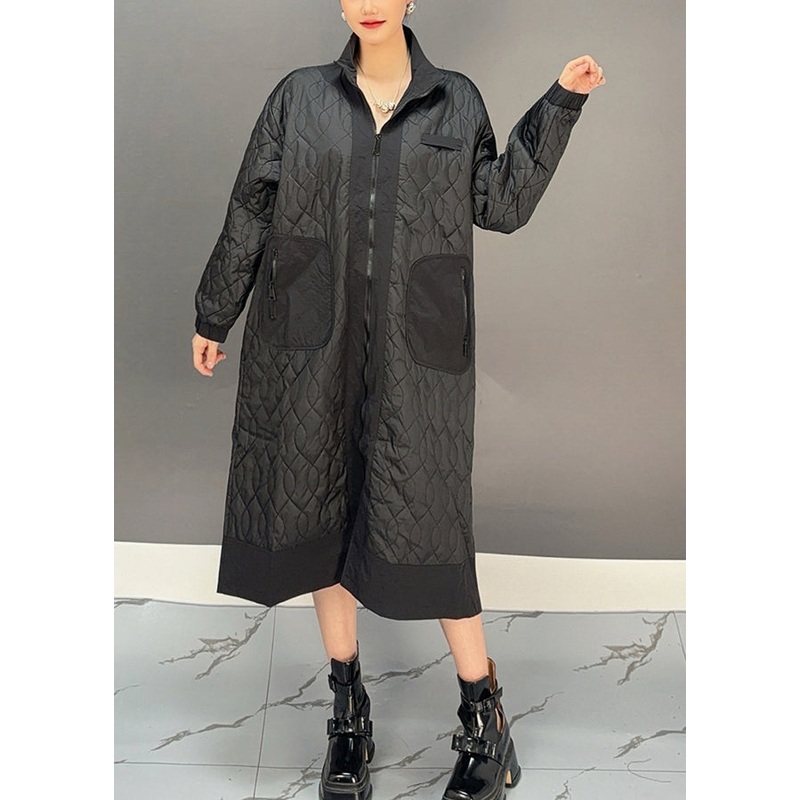 Plus Size Black Peter Pan Collar Embroidered Plaid Pockets Long Parka Winter