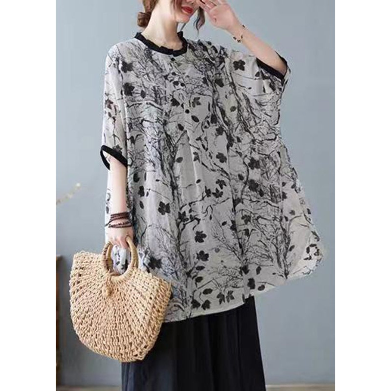 Plus Size Grey Print Ruffled Patchwork Tops Short Sleeve
