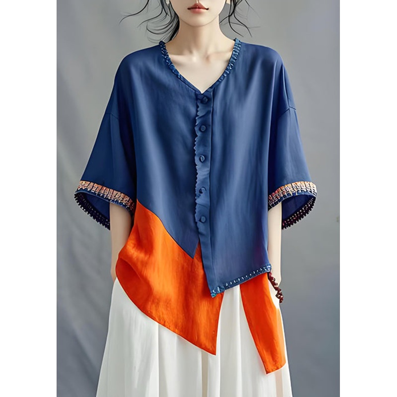 Plus Size Navy V Neck Asymmetrical Patchwork Cotton Top Summer