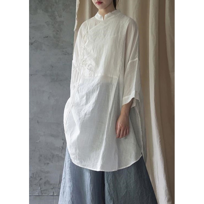 Plus Size White Stand Collar Lace Up Cotton Shirt Dress Bracelet Sleeve