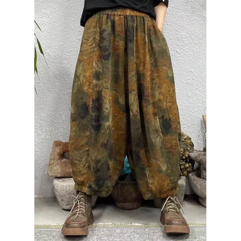 Plus Size Yellow Pockets Print Elastic Waist Cotton Crop Pants Spring