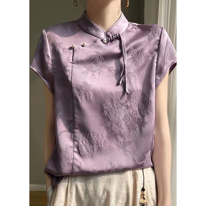 Purple Button Silk Blouses Stand Collar Short Sleeve