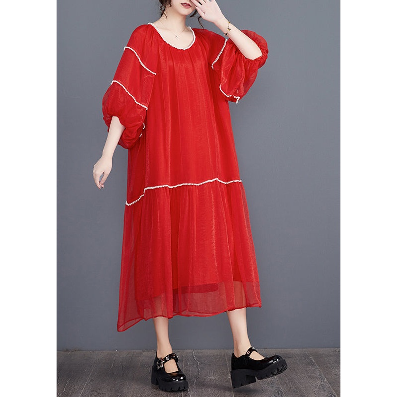 Red O-Neck Patchwork Holiday Dress Summer