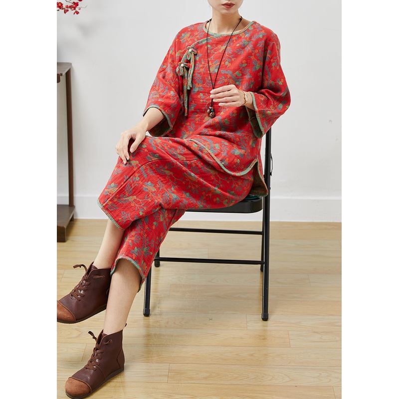 Red Print Cotton Oriental Two Pieces Set Side Open Summer