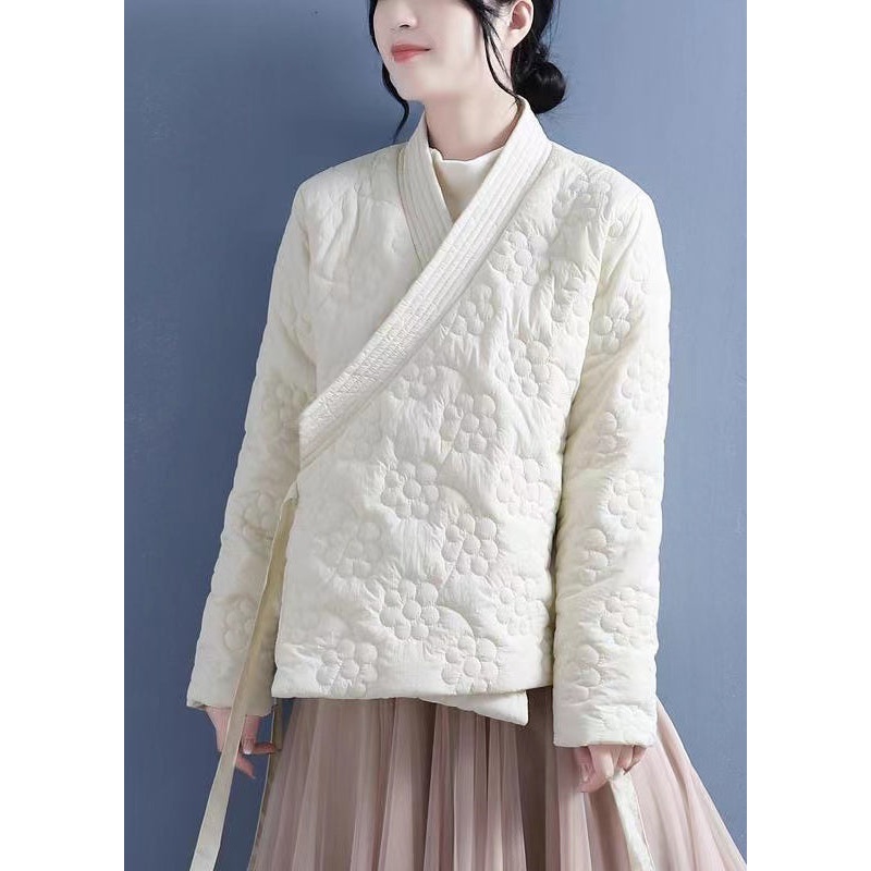 Retro Beige Lace Up Stereoscopic Floral Fine Cotton Filled Jackets Spring