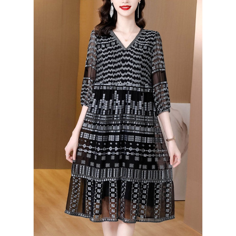 Retro Black V Neck Patchwork Party Long Dress Half Sleeve