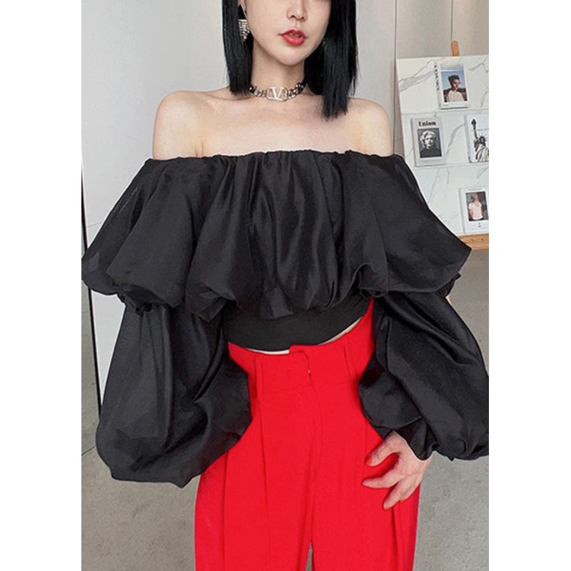 Sexy Black Cold Shoulder Wrinkled Chiffon Blouses Spring