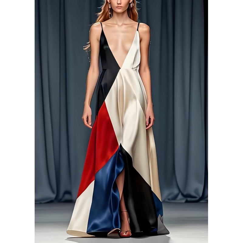 Sexy Colorblock V Neck Silk Spaghetti Strap Party Dress Sleeveless
