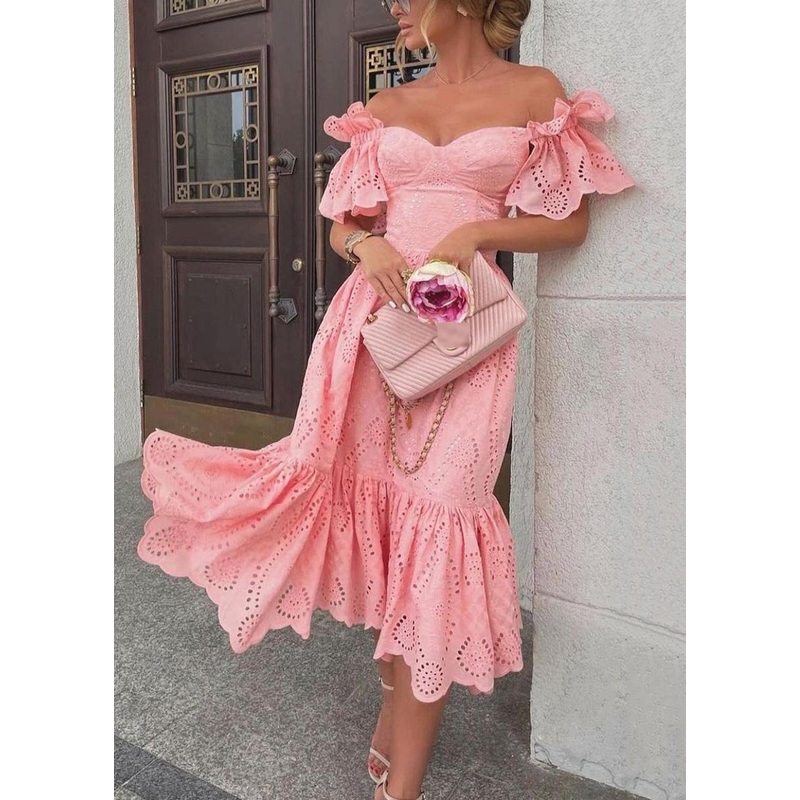 Sexy Pink Hollow Out Solid Cotton Dresses Summer