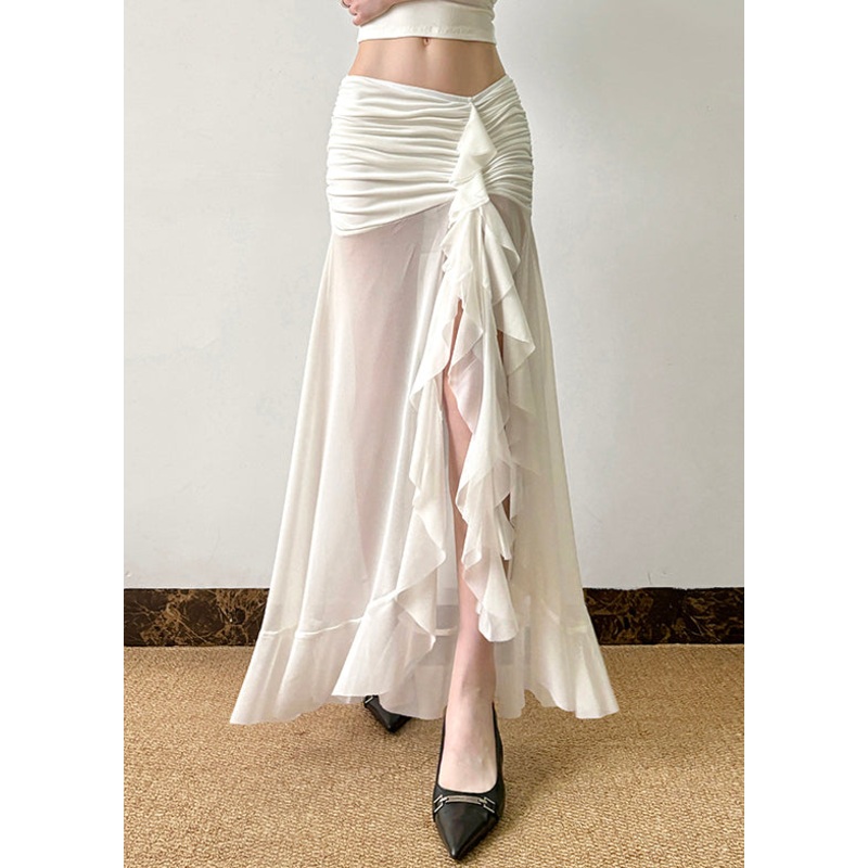 Sexy White Wrinkled Side Open Tulle Skirt Summer