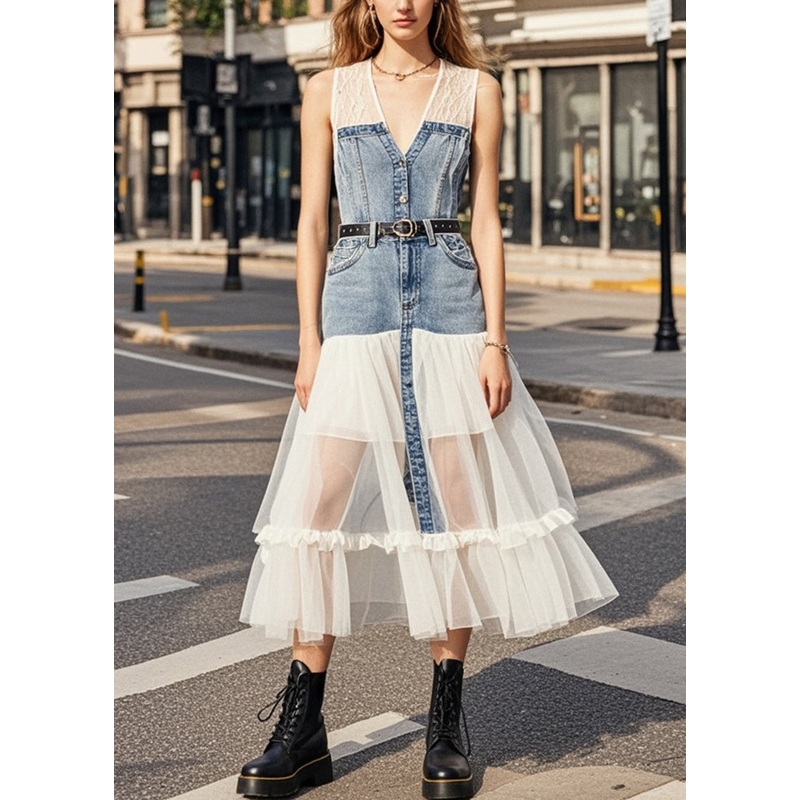 Silm Fit White V Neck Patchwork Denim Tulle Vacation Dresses Sleeveless