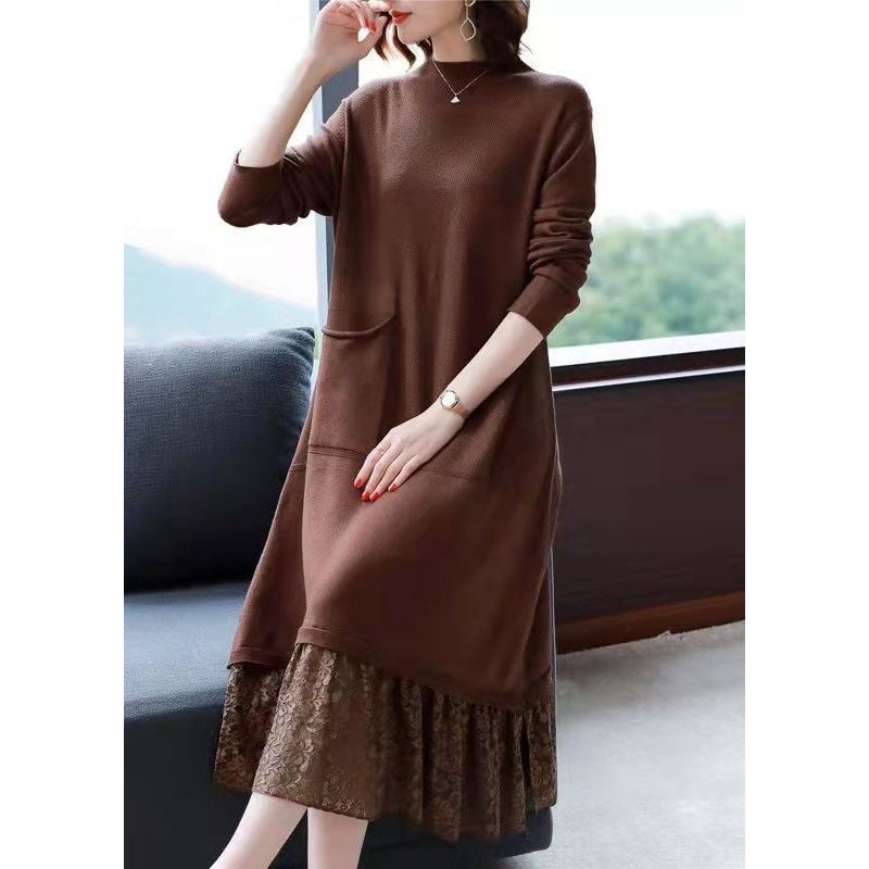 Simple Brown Pockets Lace Patchwork Knit Dresses Fall