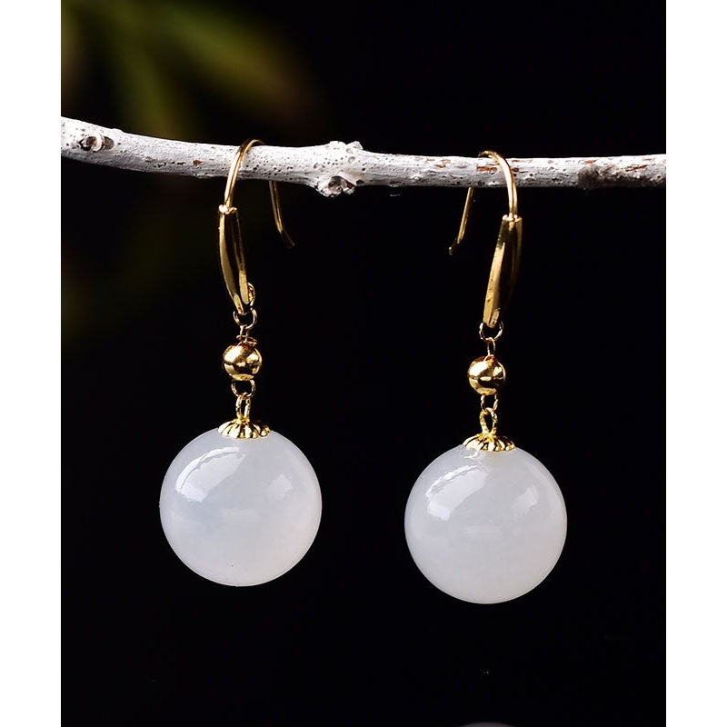 Simple Gold 18K Gold Inlaid Sheep Fat Jade Ball Drop Earrings