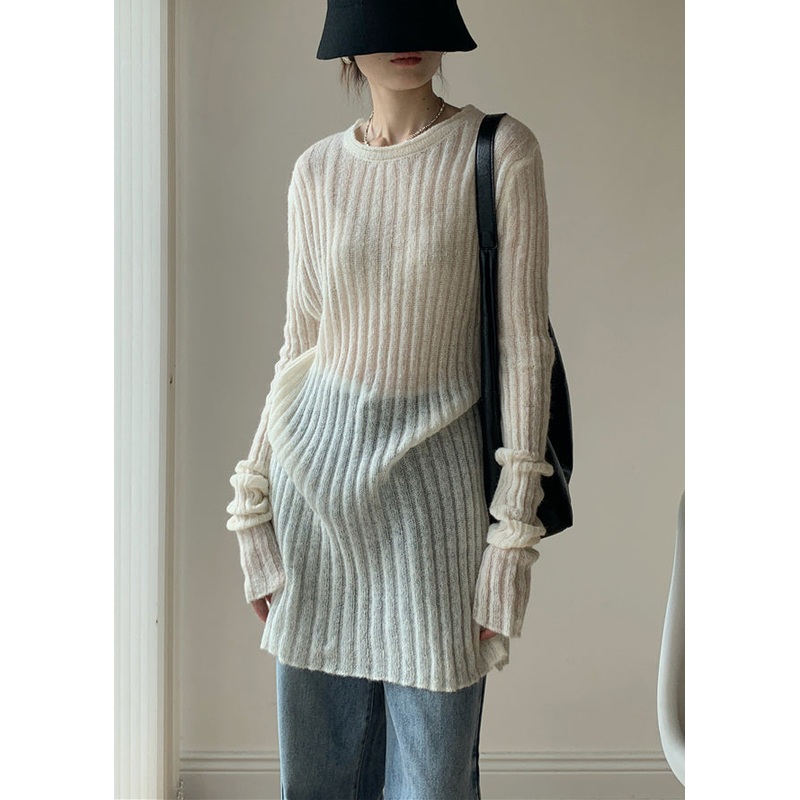Simple White O-Neck Solid Thin Knit Sweater Dress Fall
