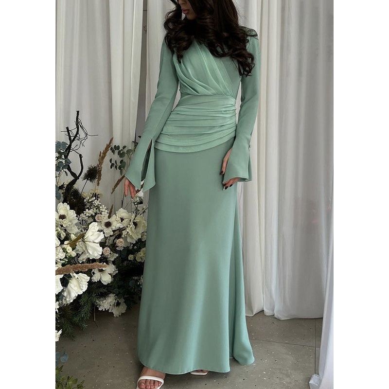 Slim Fit Green Wrinkled Lace Up Cotton Dress Flare Sleeve