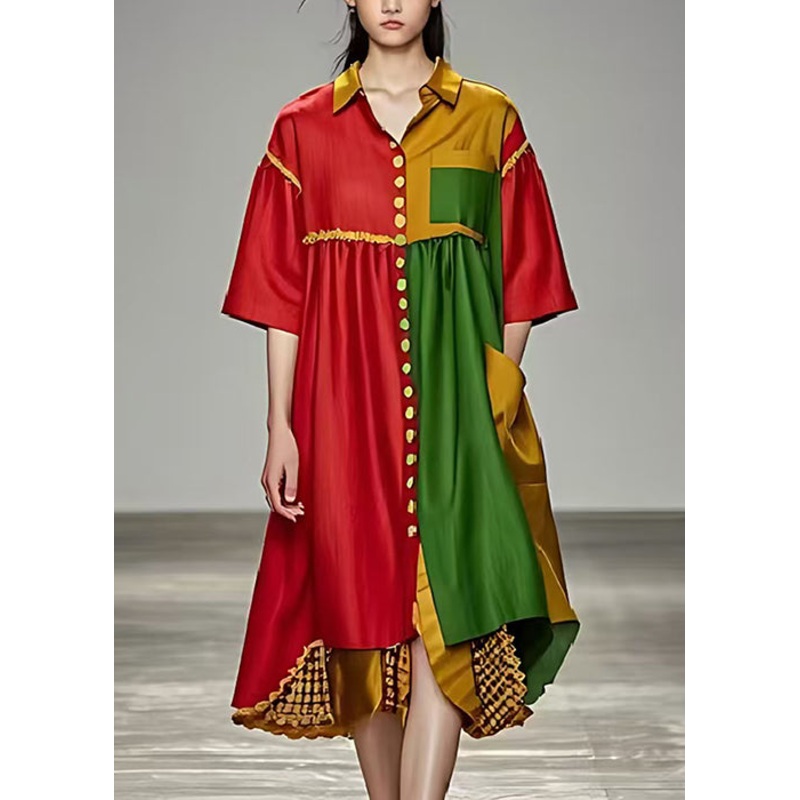 Style Mulberry Oversized Patchwork Silk Shirt Dresses Summer