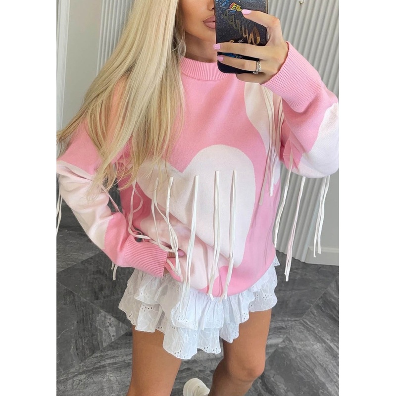 Style Pink O Neck Tassel Heart Knit Sweaters Fall