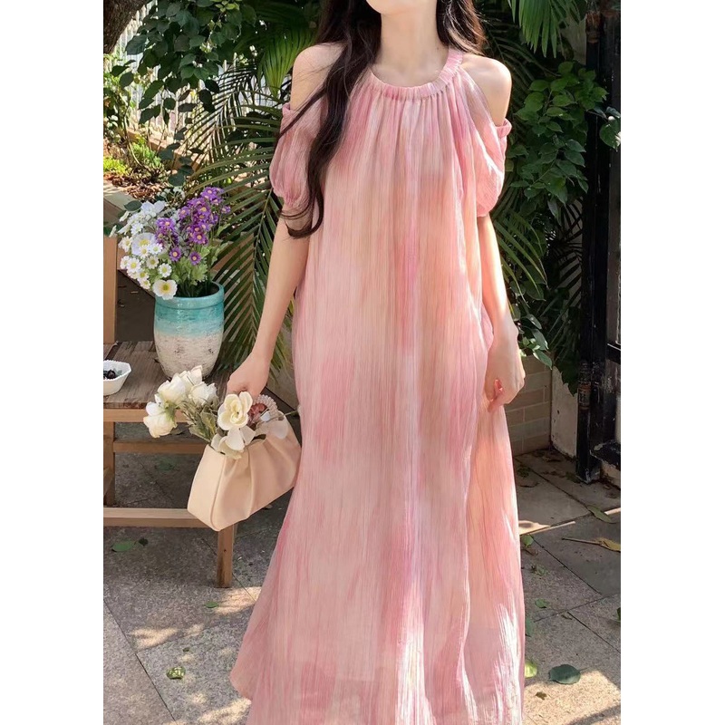 Style Pink Off The Shoulder Puff Sleeve Chiffon Dress