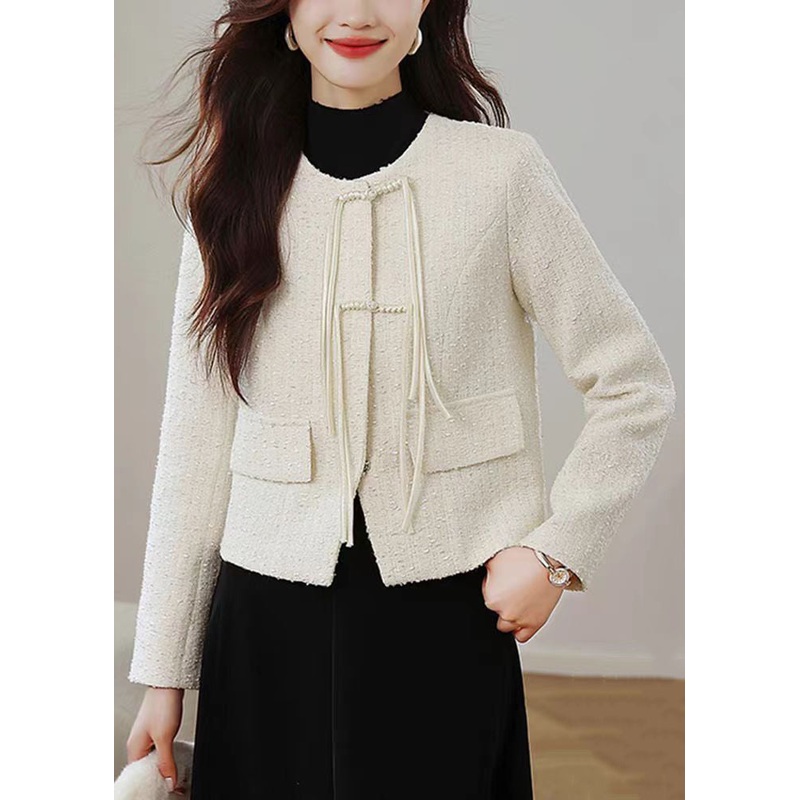 Stylish Apricot O Neck Chinese Button Cotton Coats Fall
