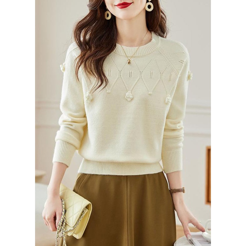 Stylish Beige O Neck Hollow Out Knit Sweater Fall