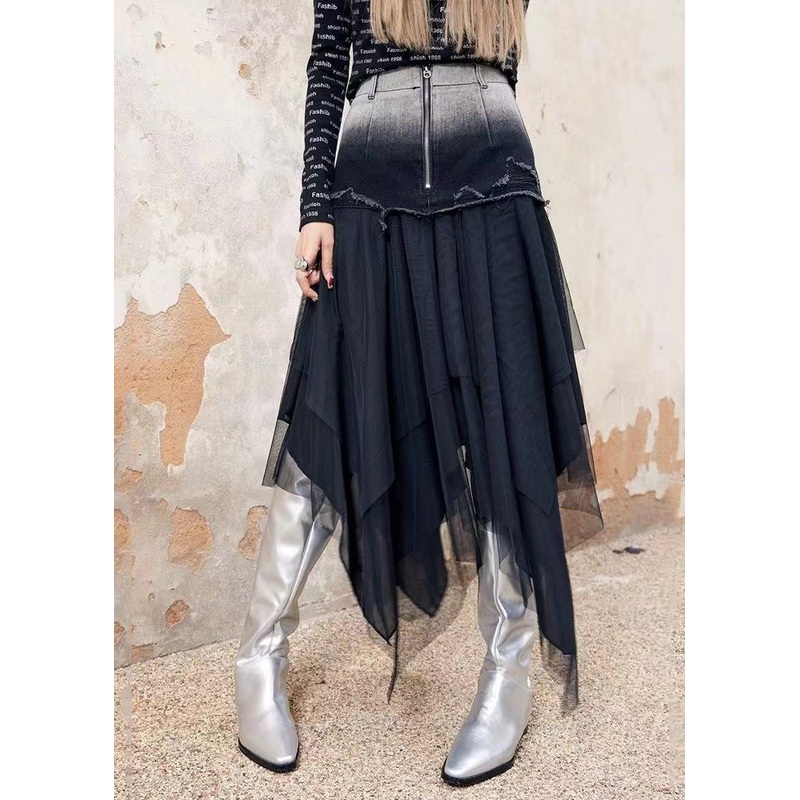 Stylish Black Asymmetrical Tulle Patchwork Denim Skirt Spring