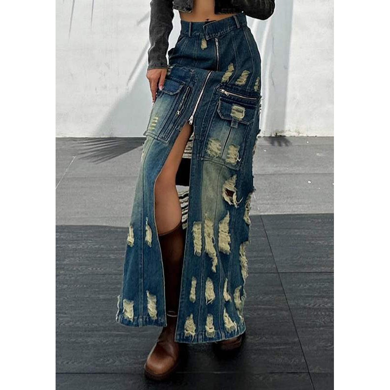 Stylish Blue Zip Up Patchwork Ripped Denim Skirts Spring