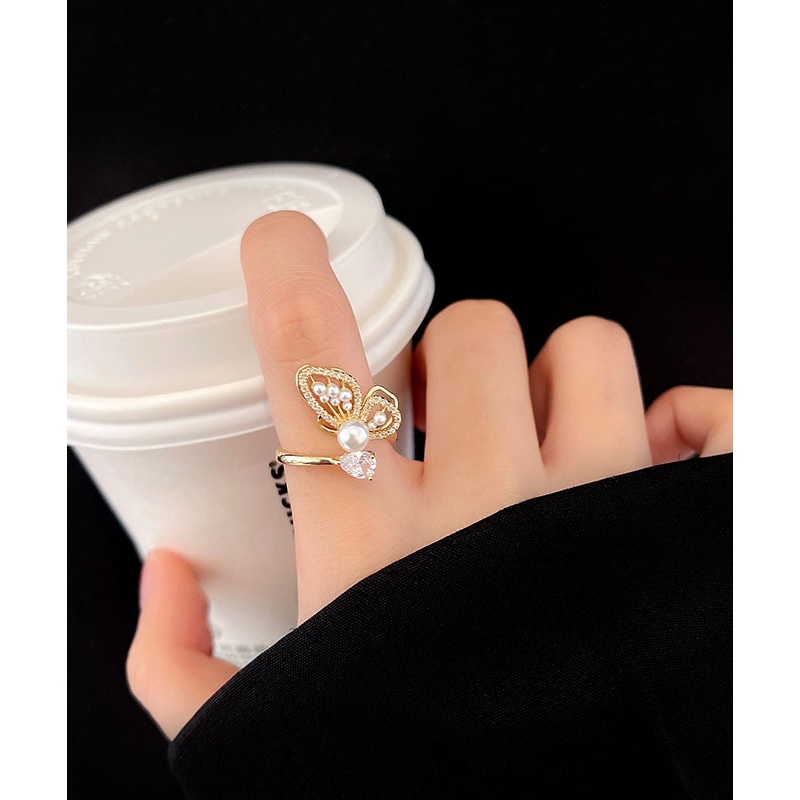 Stylish Gold Alloy Inlaid Pearl Gem Stone Zircon Bow Rings