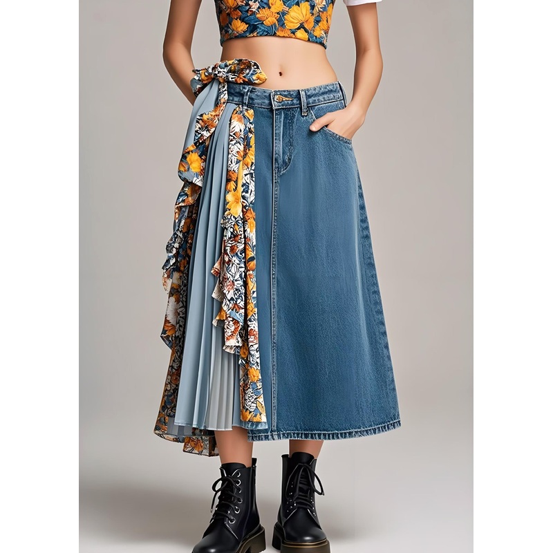 Stylish Navy Asymmetrical Patchwork Wrinkled Denim Skirts Spring