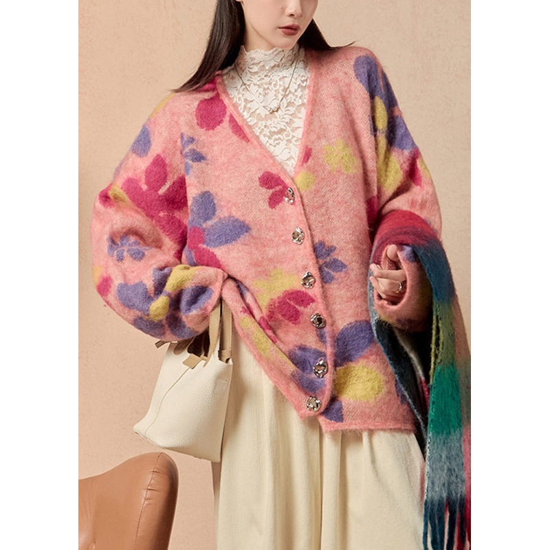 Stylish Pink V Neck Button Print Knit Cardigans Winter