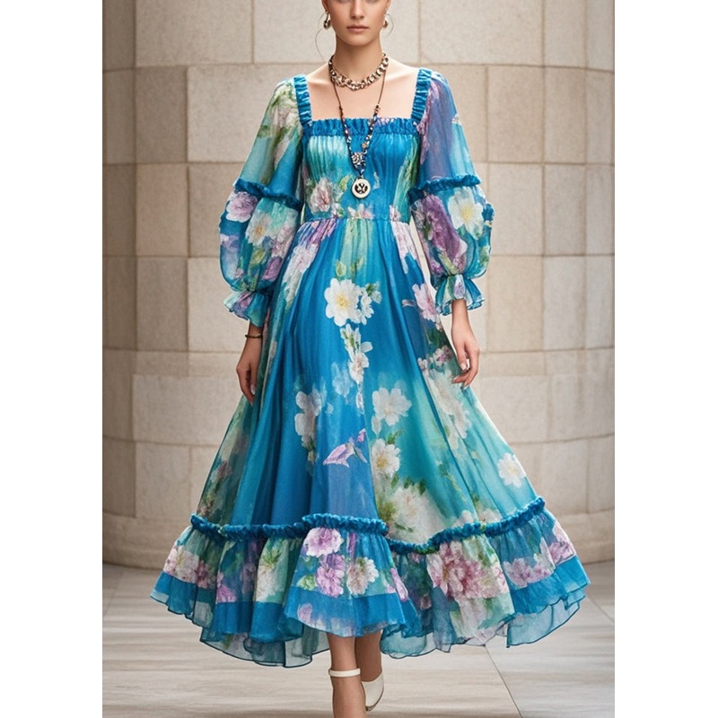 Unique Peacock Blue Ruffled Print Chiffon Holiday Dress Fall
