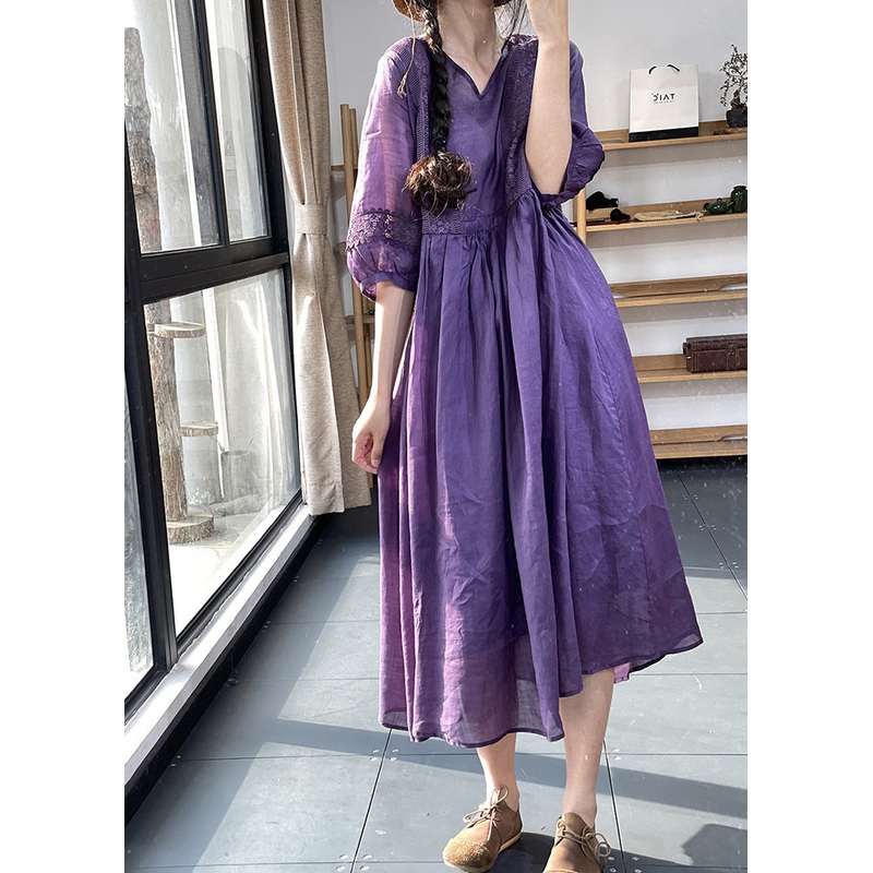 Unique Purple V Neck Lace Pockets Patchwork Cotton Dresses Summer