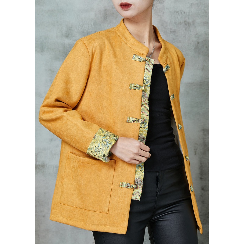 Unique Yellow Pockets Faux Suede Chinese Style Jackets Spring