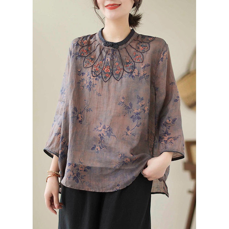 Vintage Dark Purple Embroidered Print Linen Tops Spring