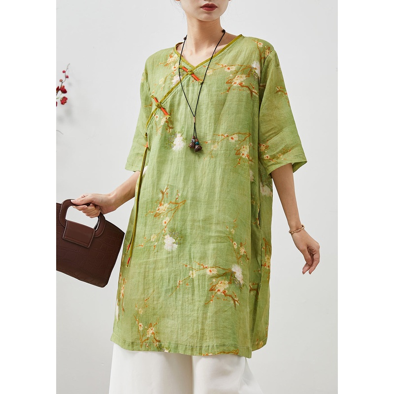 Vintage Green Tasseled Print Linen Oriental Dress Summer