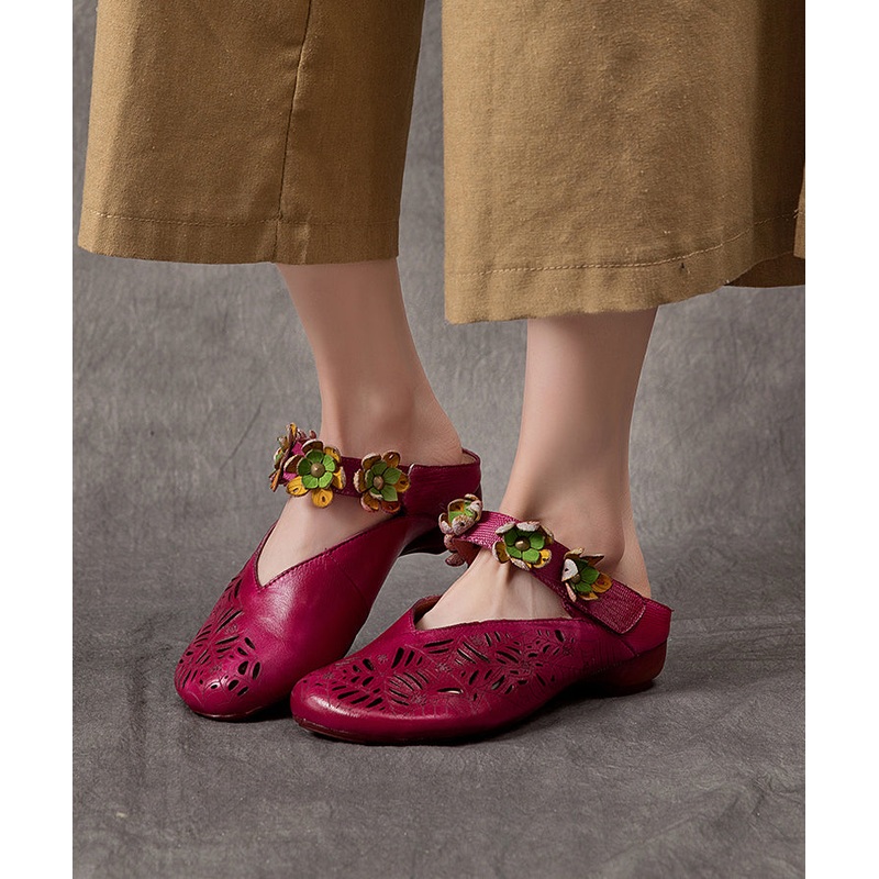 Vintage Purple Hollow Out Floral Cowhide Leather Slide Sandals