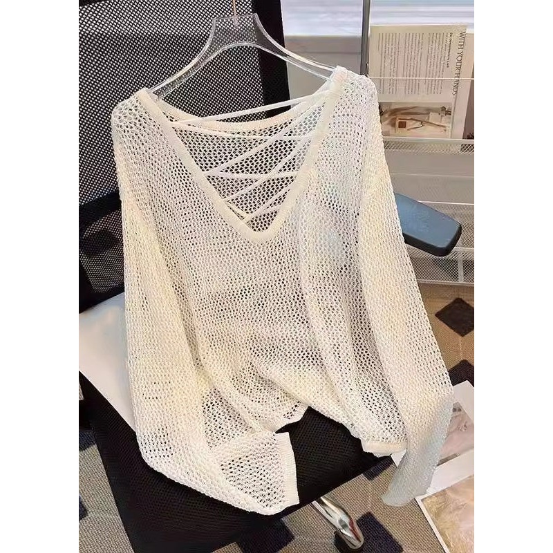 Women Beige Hollow Out Solid Knit Tops Summer