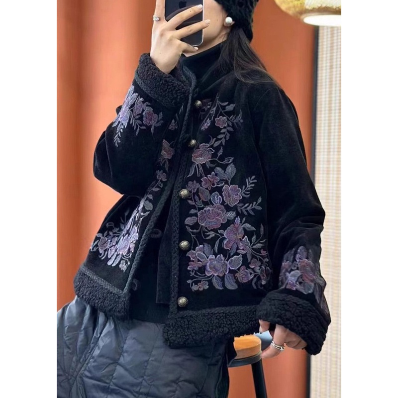 Women Black Embroideried Button Cotton Filled Coats Long Sleeve