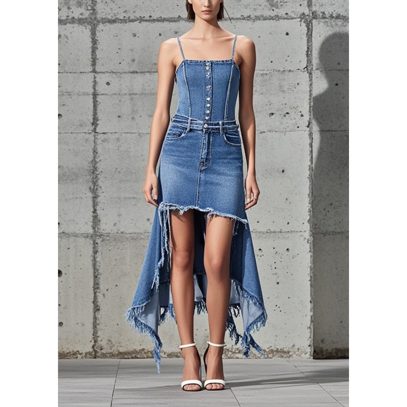 Women Blue Asymmetrical Tasseled Denim Cami Dress Summer