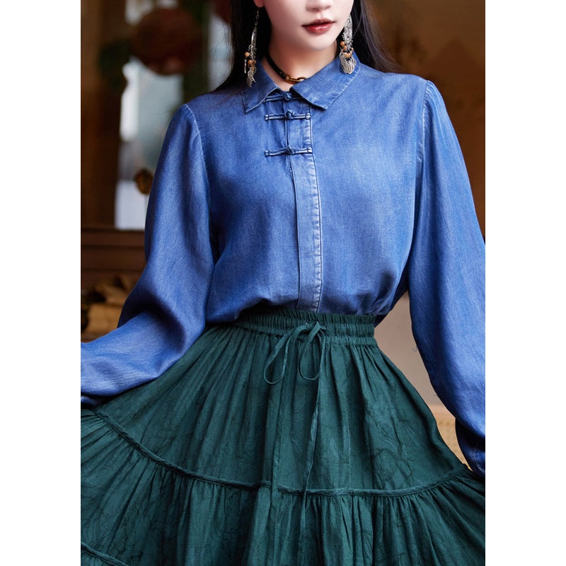 Women Blue Peter Pan Collar Patchwork Button Silk Cotton Denim Shirt Long Sleeve