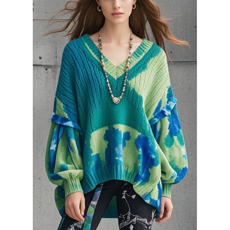 Women Green Oversized Tie Dye Knitted Tops Lantern Sleeve