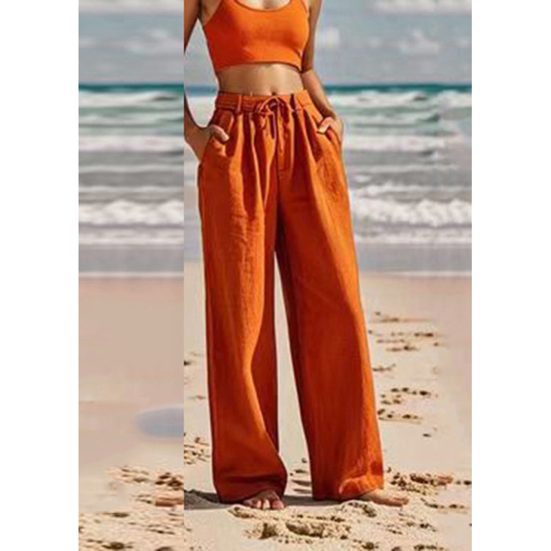 Women Orange Pockets Tie Waist Wide Leg Pants Summer