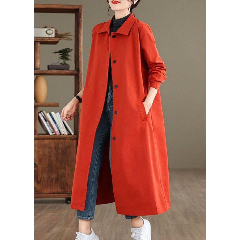 Women Red Peter Pan Collar Pockets Long Trench Coat Long Sleeve