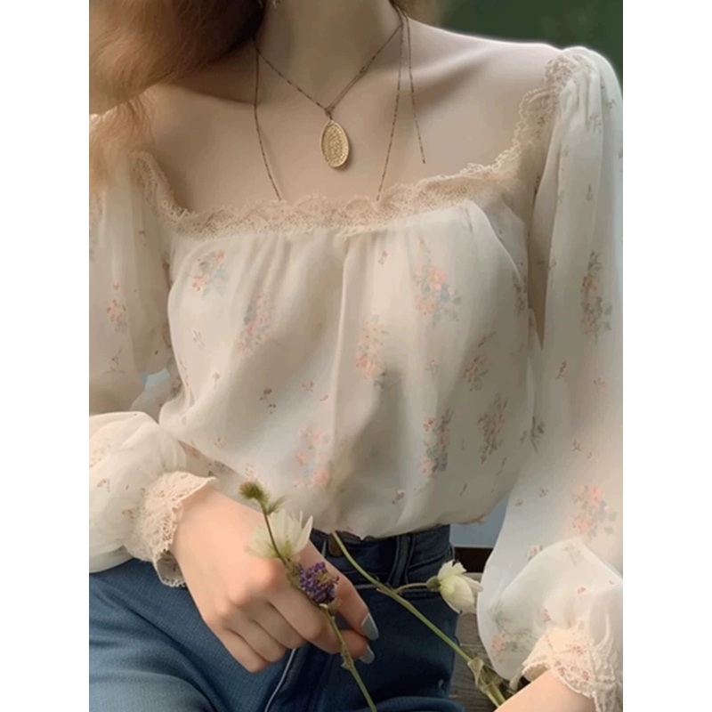 Women Unique French White Floral Long Sleeve Shirt
