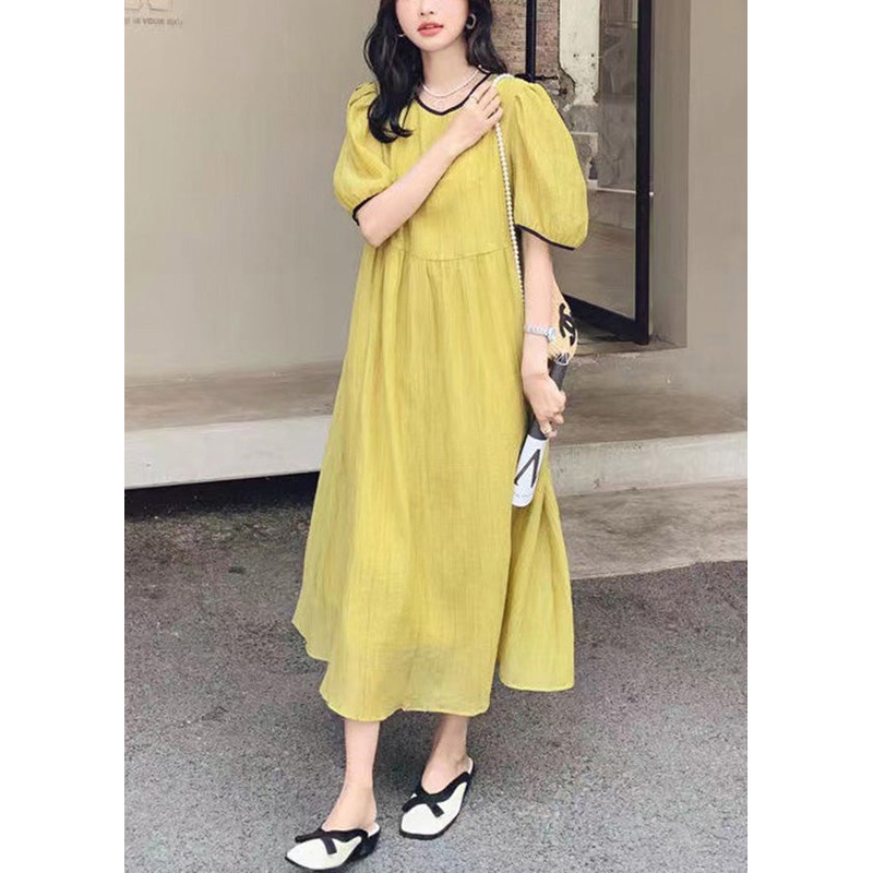 Women Yellow O Neck Patchwork Cotton Dress Summer