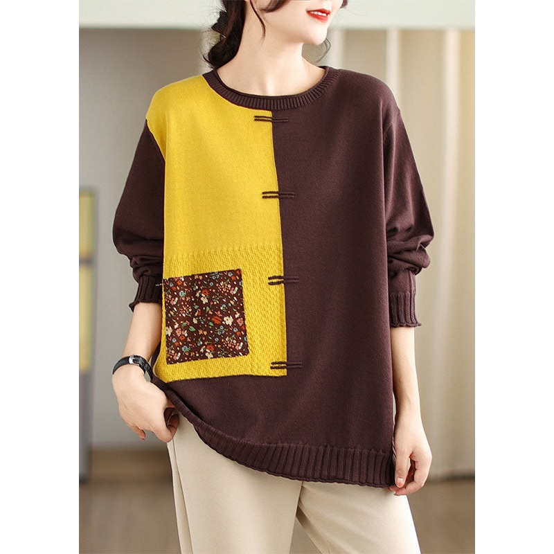 Women Yellow Print Patchwork Cotton Knit Sweaters Fall