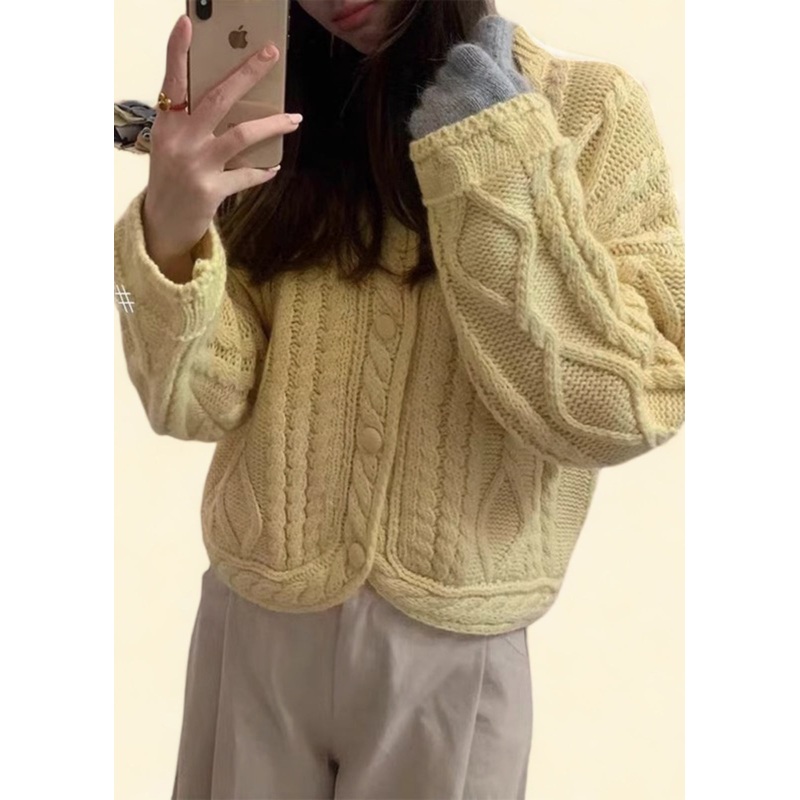 Art Yellow O-Neck Button Cozy Knit Cardigans Fall